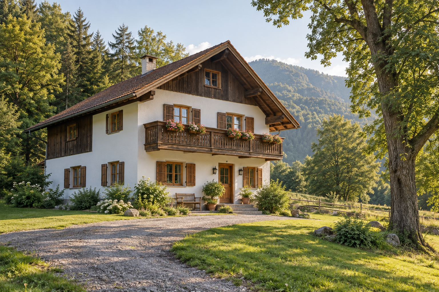 Vollständig sichtbares Haus neben Wiese und Waldrand