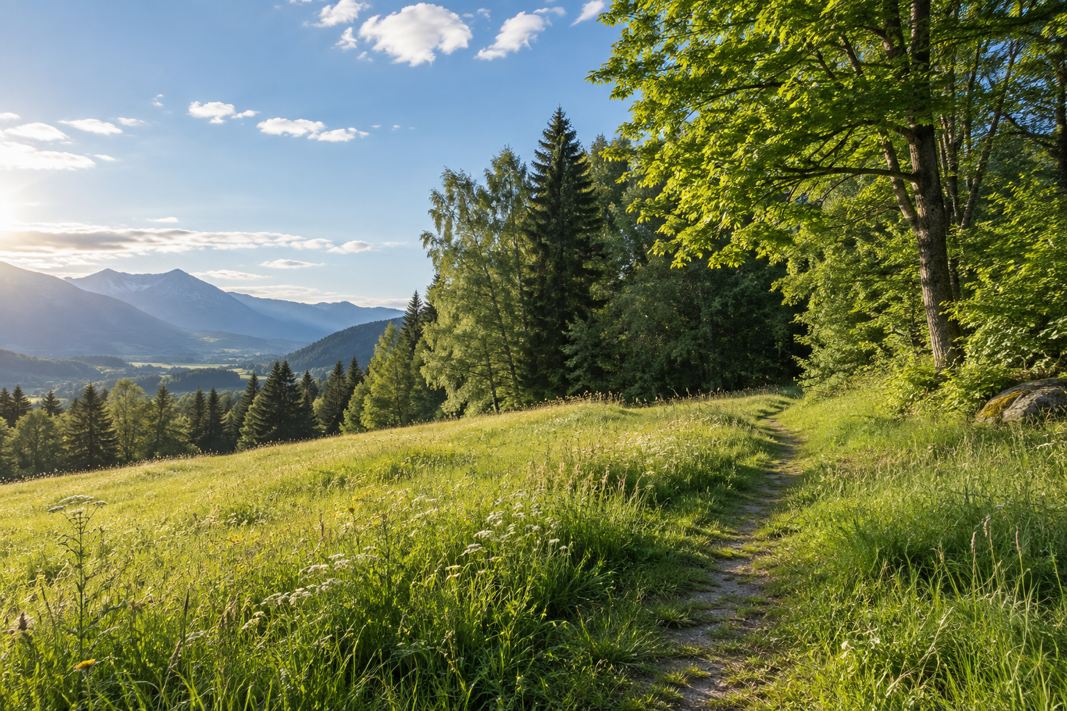 Sonnige Wiese mit Weg am Rand eines Waldes